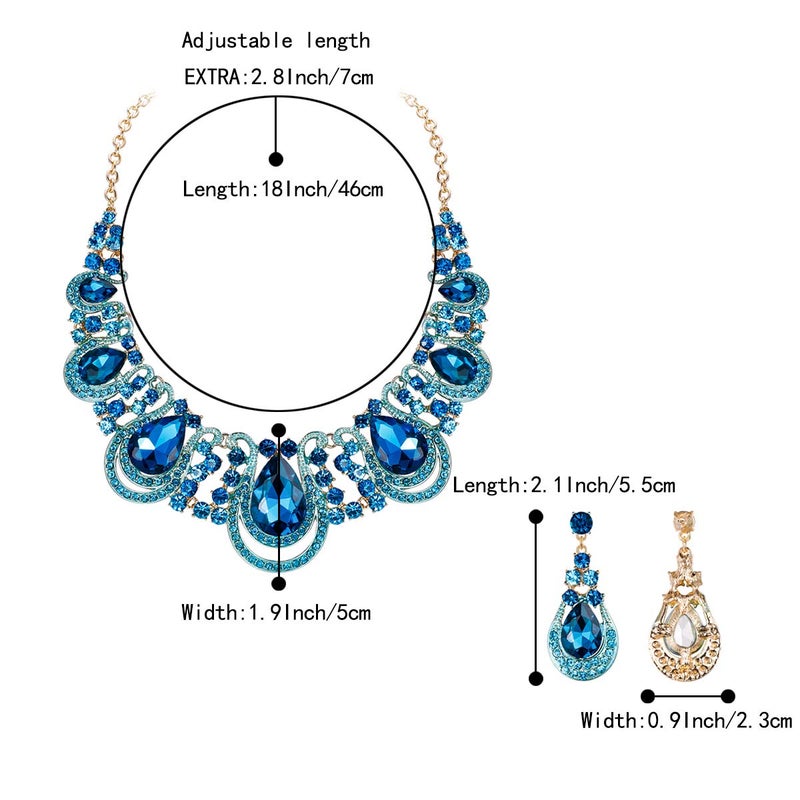 BriLove Costume Fashion Jewelry Set for Women Crystal Teardrop Hollow Scroll Statement Necklace Dangle Earrings Blue Topaz Color Gold-Toned - Image 3